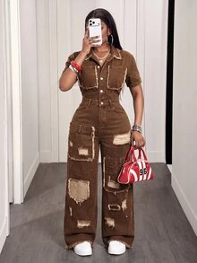 Slaydiva Women's Casual Wide Leg Short Sleeve Shirt Denim Jumpsuit With Frayed Pocket Design - Brown - View 1