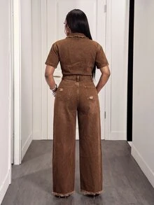Slaydiva Women's Casual Wide Leg Short Sleeve Shirt Denim Jumpsuit With Frayed Pocket Design - Brown - View 3