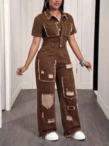 Slaydiva Women's Casual Wide Leg Short Sleeve Shirt Denim Jumpsuit With Frayed Pocket Design - Brown - View 7