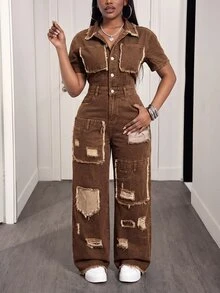 Slaydiva Women's Casual Wide Leg Short Sleeve Shirt Denim Jumpsuit With Frayed Pocket Design - Brown - View 4