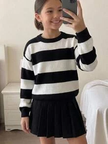 SHEIN 青少年女孩黑色白色條紋針織衫 學院風休閒街頭風 2件套 開學季 親子套裝 秋季 - 黑與白 - 查看 3