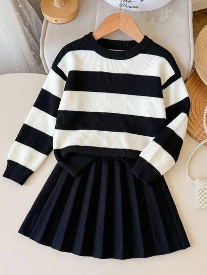 SHEIN Kids Tween Girls Sweater Black White Striped Preppy Casual Streetwear Style 2 Pieces Set Back To School Family Matching Autumn