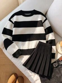 SHEIN 青少年女孩黑色白色條紋針織衫 學院風休閒街頭風 2件套 開學季 親子套裝 秋季 - 黑與白 - 查看 2