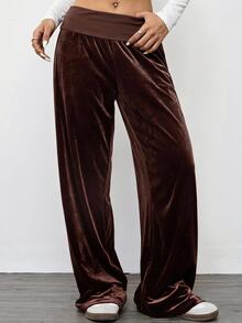 SHEIN EZwear 休閒通勤深棕色天鵝絨女款長褲居家秋季 - 摩卡棕 - 查看 12