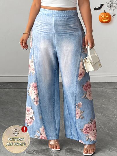 Elenzga Women's Plus Size Spring Summer Autumn Long Denim Effect Floral Print Elegant Casual Commuter Wide Leg Pants Fall Brunch Formal Light Blue