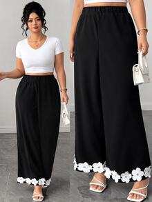 Elenzga Women's Plus Size Elastic Fabric Lace Trim Loose Fit Black Long Pants, Elegant Casual For Spring Summer Autumn, Suitable For Daily Wear, Home, Office, Vacation, Holiday, Romantic Gathering, Date, Wedding, Party - Black - View 9