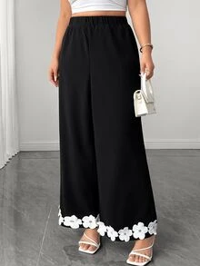Elenzga Women's Plus Size Elastic Fabric Lace Trim Loose Fit Black Long Pants, Elegant Casual For Spring Summer Autumn, Suitable For Daily Wear, Home, Office, Vacation, Holiday, Romantic Gathering, Date, Wedding, Party - Black - View 6
