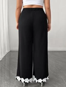 Elenzga Women's Plus Size Elastic Fabric Lace Trim Loose Fit Black Long Pants, Elegant Casual For Spring Summer Autumn, Suitable For Daily Wear, Home, Office, Vacation, Holiday, Romantic Gathering, Date, Wedding, Party - Black - View 3