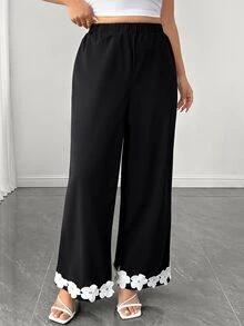 Elenzga Women's Plus Size Elastic Fabric Lace Trim Loose Fit Black Long Pants, Elegant Casual For Spring Summer Autumn, Suitable For Daily Wear, Home, Office, Vacation, Holiday, Romantic Gathering, Date, Wedding, Party - Black - View 4