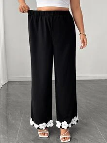 Elenzga Women's Plus Size Elastic Fabric Lace Trim Loose Fit Black Long Pants, Elegant Casual For Spring Summer Autumn, Suitable For Daily Wear, Home, Office, Vacation, Holiday, Romantic Gathering, Date, Wedding, Party - Black - View 7