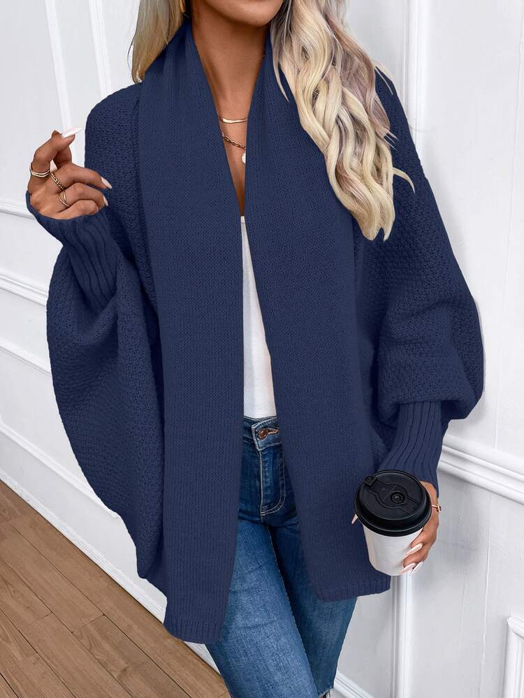 SHEIN Women's Solid Color Lantern Sleeve Shawl Collar Elegant Cardigan, Autumn/Winter Fall Cloth For Women - Navy Blue - View 7