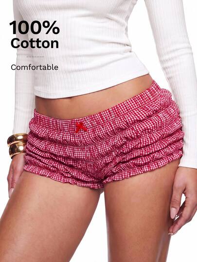 Sweetina Y2k Cute Sexy Fashionable Going Out Date Night Home Lounge Pleated Ruffle Bow Accent Plaid Shorts, Casual Beach Red And White Plaid Summer