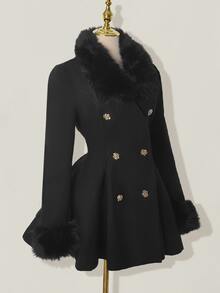 SHEIN ICON Women's Elegant Flared Faux Fur Patchwork Double-Breasted Jacket, Autumn/Winter Dress Coat,Fall - Black - View 6