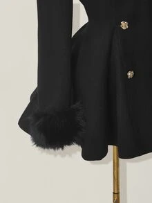 SHEIN ICON Women's Elegant Flared Faux Fur Patchwork Double-Breasted Jacket, Autumn/Winter Dress Coat,Fall - Black - View 8