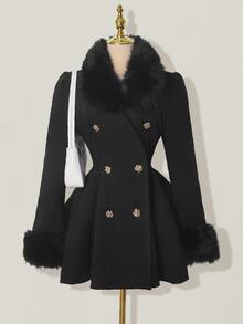 SHEIN ICON Women's Elegant Flared Faux Fur Patchwork Double-Breasted Jacket, Autumn/Winter Dress Coat,Fall - Black - View 10