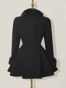 SHEIN ICON Women's Elegant Flared Faux Fur Patchwork Double-Breasted Jacket, Autumn/Winter Dress Coat,Fall - Black - View 3