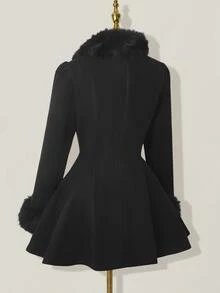 SHEIN ICON Women's Elegant Flared Faux Fur Patchwork Double-Breasted Jacket, Autumn/Winter Dress Coat,Fall - Black - View 9
