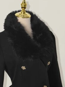 SHEIN ICON Women's Elegant Flared Faux Fur Patchwork Double-Breasted Jacket, Autumn/Winter Dress Coat,Fall - Black - View 7