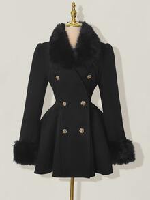 SHEIN ICON Women's Elegant Flared Faux Fur Patchwork Double-Breasted Jacket, Autumn/Winter Dress Coat,Fall - Black - View 4