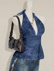 SHEIN ICON Halter Deep V-Neck Cinched Waist A-Line Backless Vintage Style Tank Top Spring - Blue - View 5