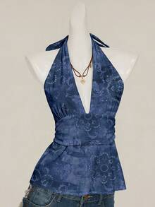 SHEIN ICON Halter Deep V-Neck Cinched Waist A-Line Backless Vintage Style Tank Top Spring - Blue - View 4
