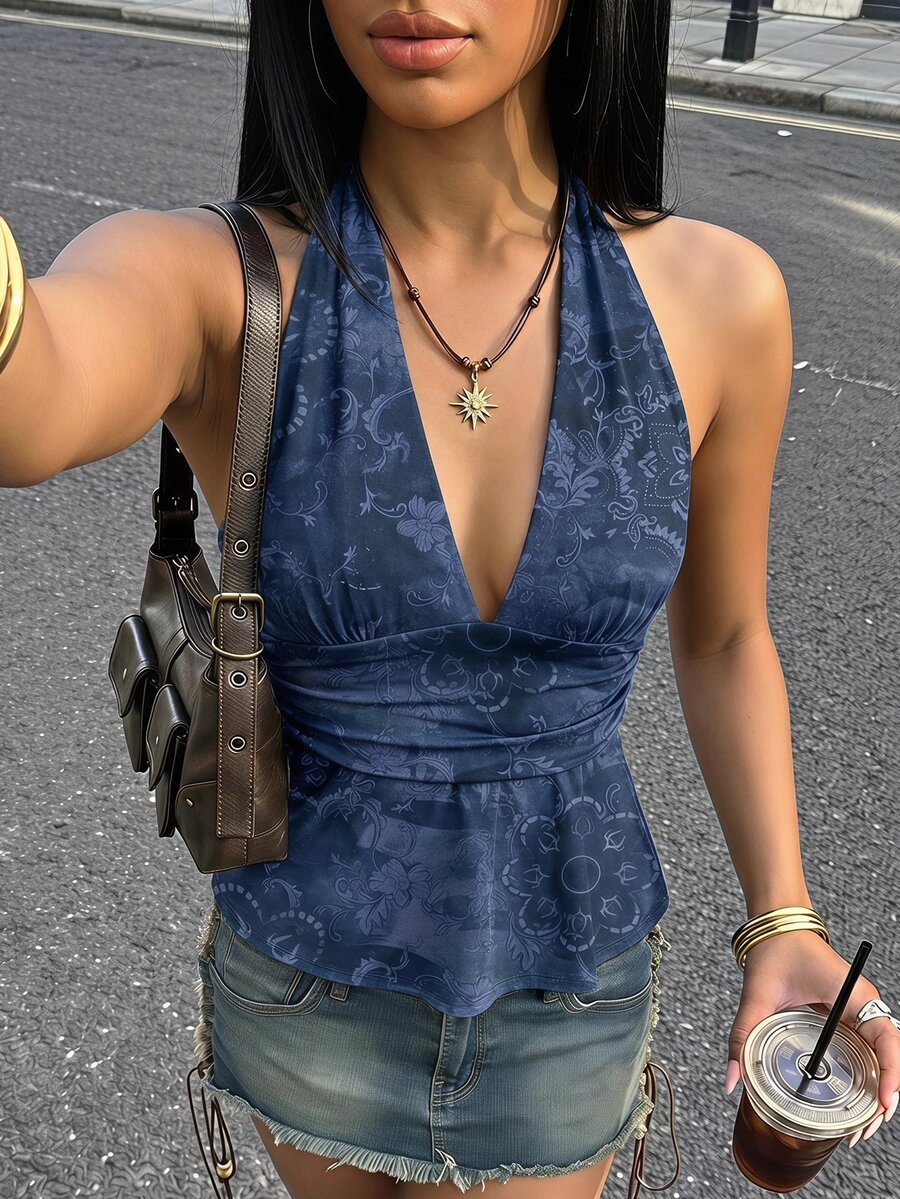 SHEIN ICON Halter Deep V-Neck Cinched Waist A-Line Backless Vintage Style Tank Top Spring - Blue - View 1