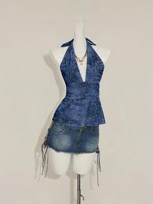 SHEIN ICON Halter Deep V-Neck Cinched Waist A-Line Backless Vintage Style Tank Top Spring - Blue - View 8