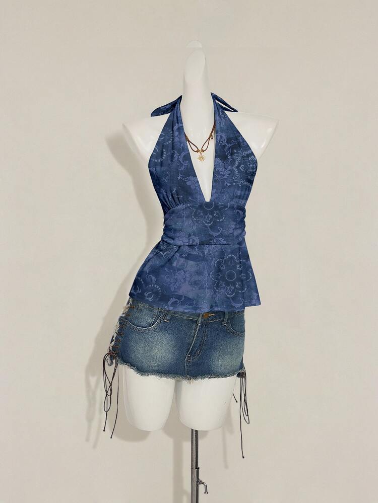 SHEIN ICON توب بحزام رقبة عميق على شكل V وخصر مشدود وظهر مكشوف بطراز فينتاج - الأزرق - مشاهدة 8