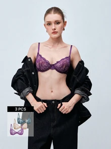 Softvol 3件装女士纯色蕾丝薄杯钢圈舒适文胸 - 彩色 - 查看 1