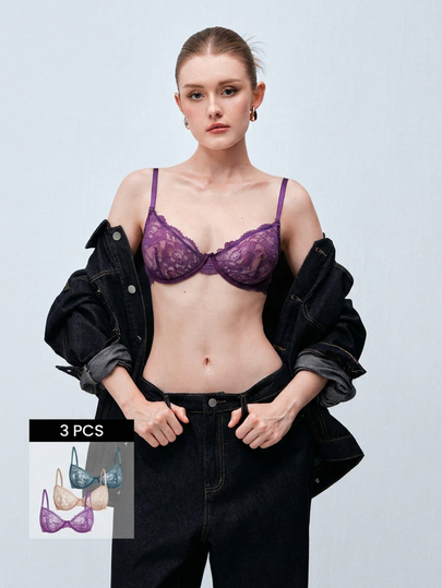 Softvol 3件装女士纯色蕾丝薄杯钢圈舒适文胸