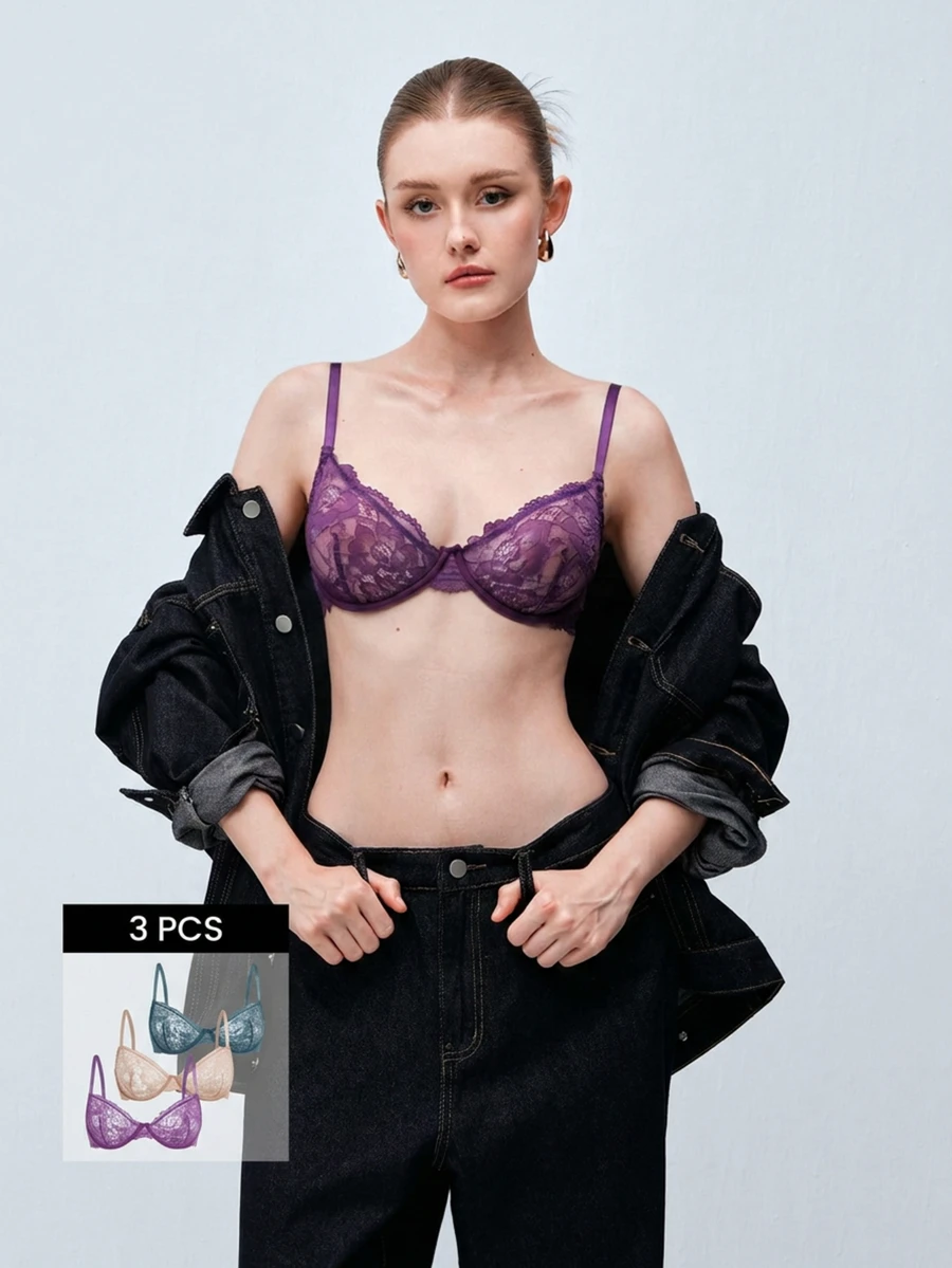 Softvol 3件装女士纯色蕾丝薄杯钢圈舒适文胸 - 彩色 - 查看 1