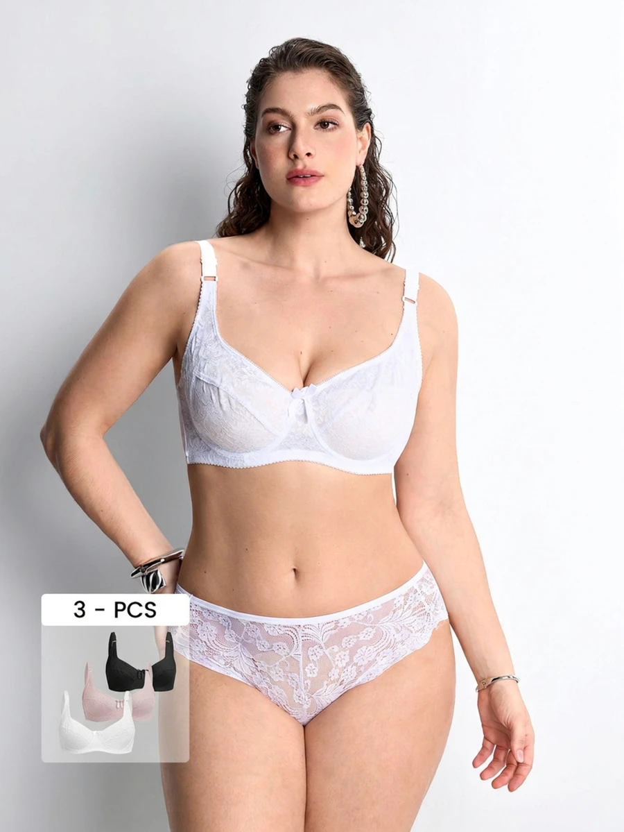 Slumbrini 3 Peças Sutiãs Plus Size para Mulheres, Cor Sólida, Renda Fina, Sem Arame, Laço, Levantamento Subbusto, Lingerie Confortável - Multicolorido - Visão 1