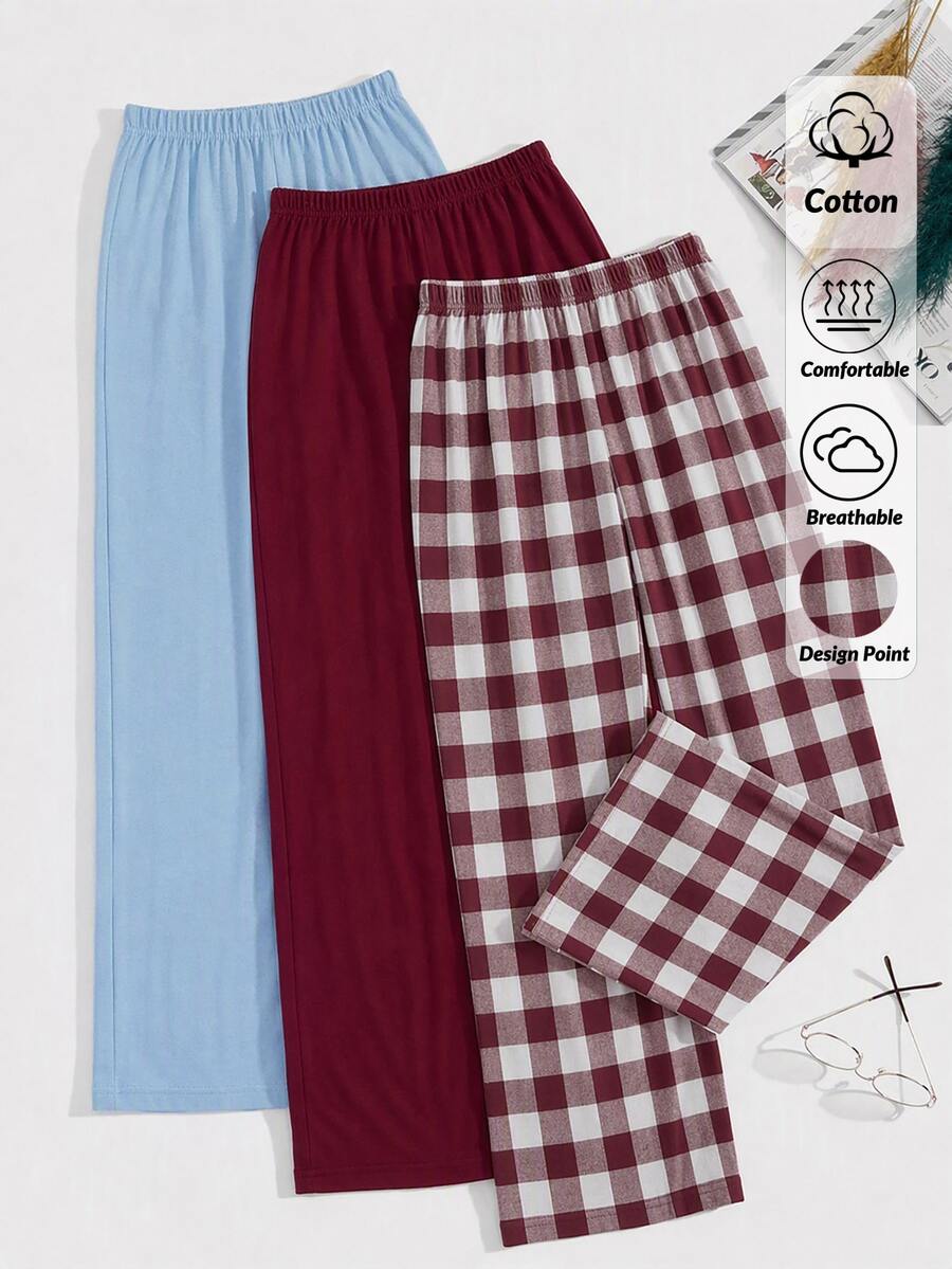 SHEIN 3 PCS Women Solid Colour & Plaid Print Long Lounge Pants Set - Multicolor - View 1