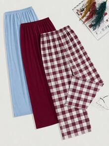 SHEIN 3 PCS Women Solid Colour & Plaid Print Long Lounge Pants Set - Multicolor - View 2