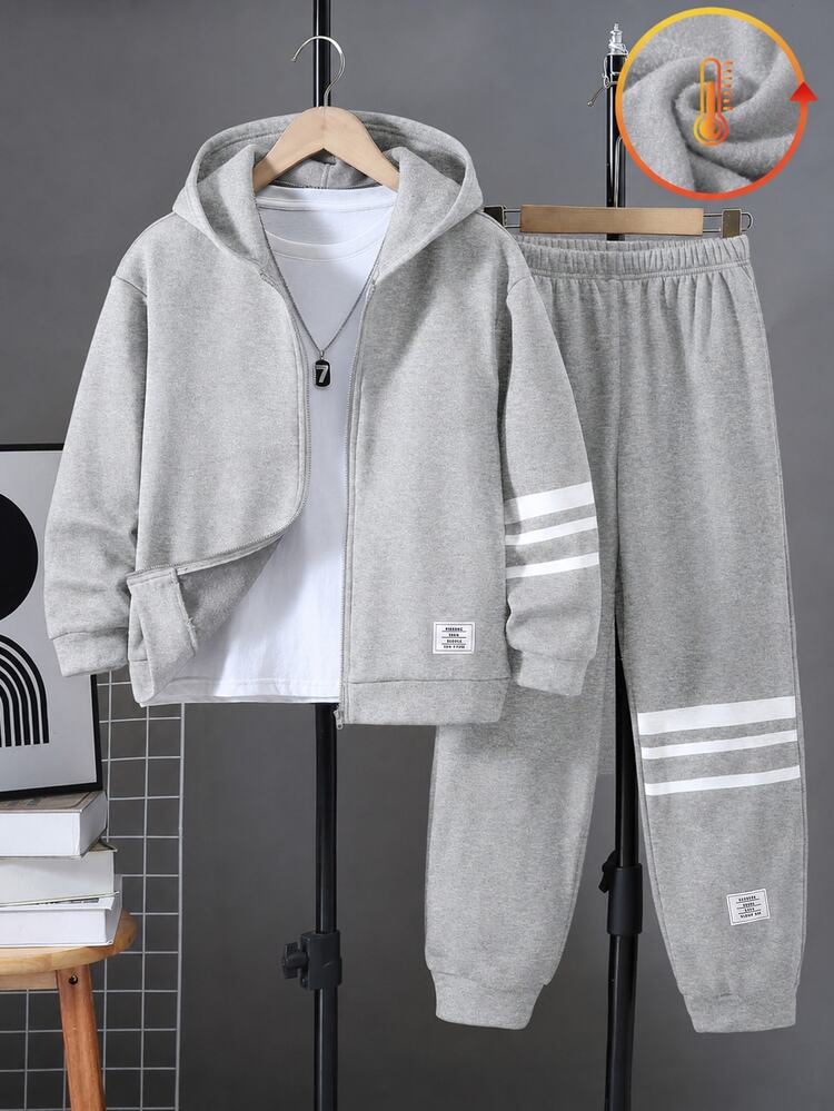 SHEIN 2pcs Kids Tween Boy Sports Casual Daily Comfortable Black Decorative Label And Black Stripe, Gray Loose Hooded Open Front Sweatshirt And Pants Set Suitable For Outings, School, Daily Sports, Autumn/Winter - Grey - View 3
