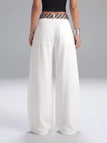 SHEIN EZwear White Plus Size Women's Wide Leg Loose Casual Suit Pants - White - View 2