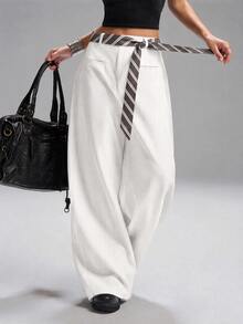 SHEIN EZwear White Plus Size Women's Wide Leg Loose Casual Suit Pants - White - View 4