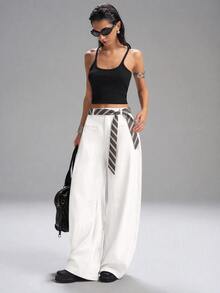 SHEIN EZwear White Plus Size Women's Wide Leg Loose Casual Suit Pants - White - View 7