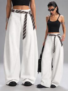 SHEIN EZwear White Plus Size Women's Wide Leg Loose Casual Suit Pants - White - View 1