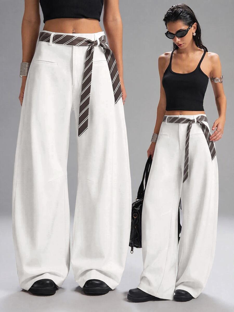 SHEIN EZwear White Plus Size Women's Wide Leg Loose Casual Suit Pants - White - View 1