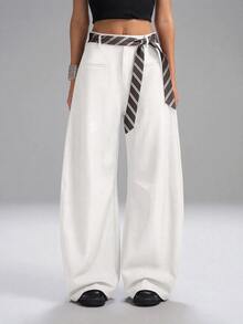 SHEIN EZwear White Plus Size Women's Wide Leg Loose Casual Suit Pants - White - View 9