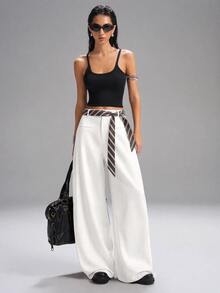 SHEIN EZwear White Plus Size Women's Wide Leg Loose Casual Suit Pants - White - View 8