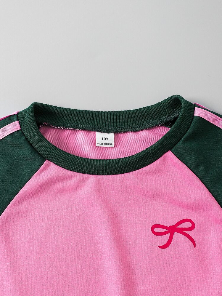 Girls New Fashion Rose Pink & Green Color Block Round Neck Long Sleeve Top With Sweet Bow Print, Paired With Wide Leg Pants 2-Piece Set, Suitable For Girls Casual Outings And Street Style, Autumn/Winter - Multicolor - View 5