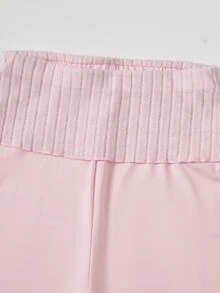 女童 2 件組休閒極簡套裝，秋季穿搭，粉色牛奶絲面料修身拉鍊夾克與鬆緊腰修身喇叭褲 - 粉色 - 查看 5