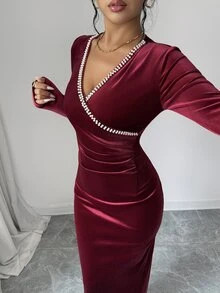Elenzga Women's Fashion Elegant Beaded Decor Dress - Burgundy - View 6
