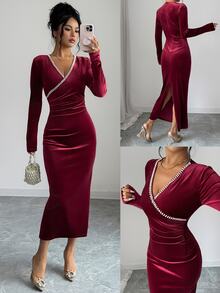 Elenzga Women's Fashion Elegant Beaded Decor Dress - Burgundy - View 3