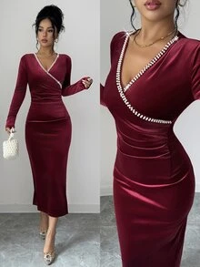 Elenzga Women's Fashion Elegant Beaded Decor Dress - Burgundy - View 1