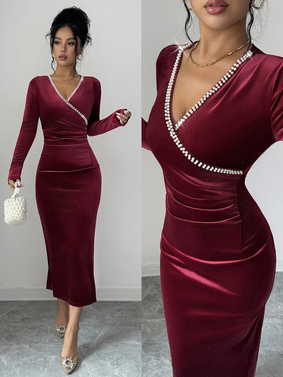 Elenzga Women's Fashion Elegant Beaded Decor Dress - Burgundy - View 1
