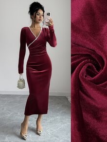 Elenzga Women's Fashion Elegant Beaded Decor Dress - Burgundy - View 4