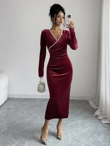 Elenzga Women's Fashion Elegant Beaded Decor Dress - Burgundy - View 5